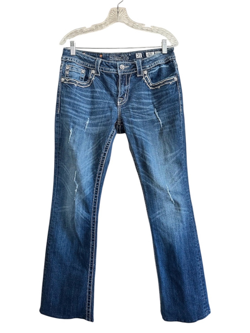Miss Me JW539B4 Embellished Pockets Distressed Boot Cut Jeans Size 31 X 29 - Picture 2 of 11